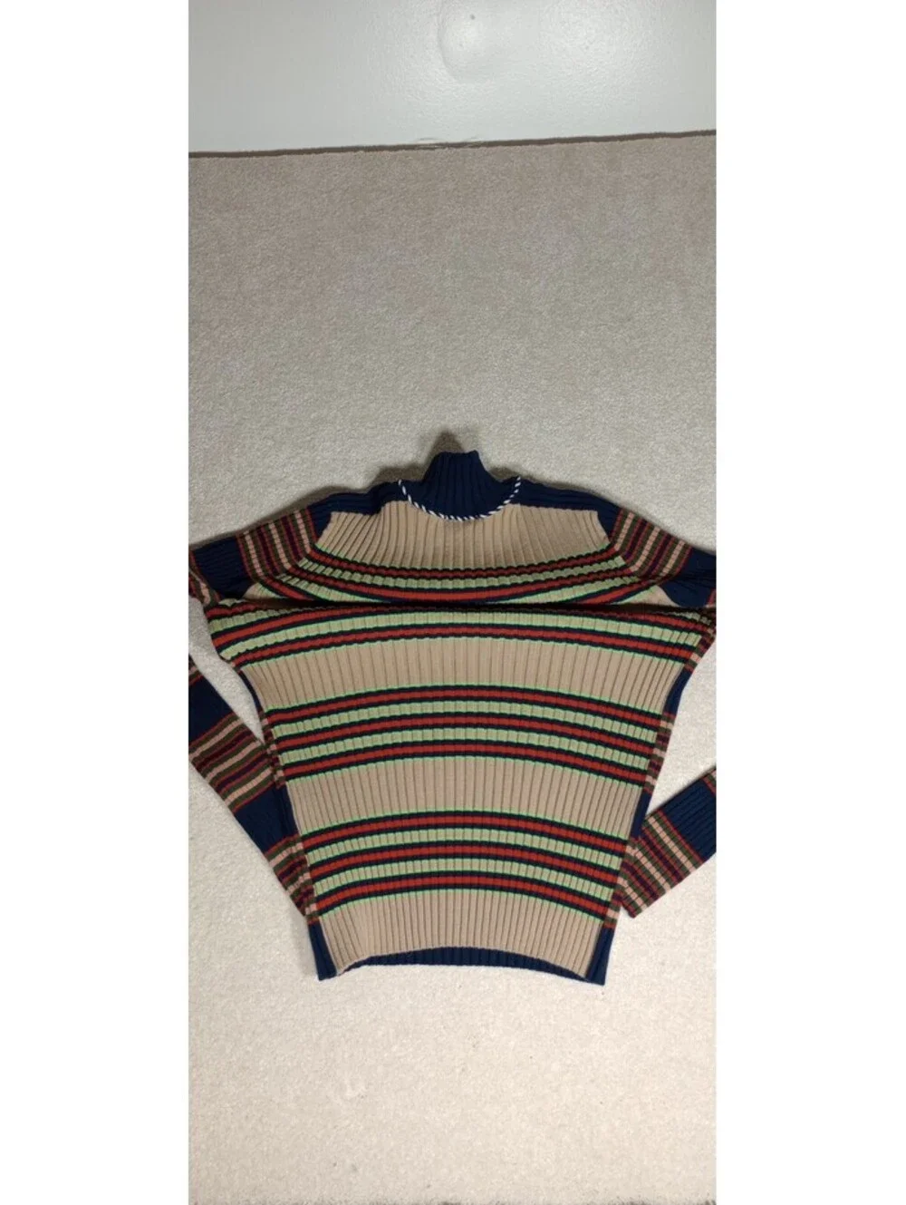 Tory Burch Striped Ribbed Turtleneck Sweater XL Blue Tan Merono Wool Stretch